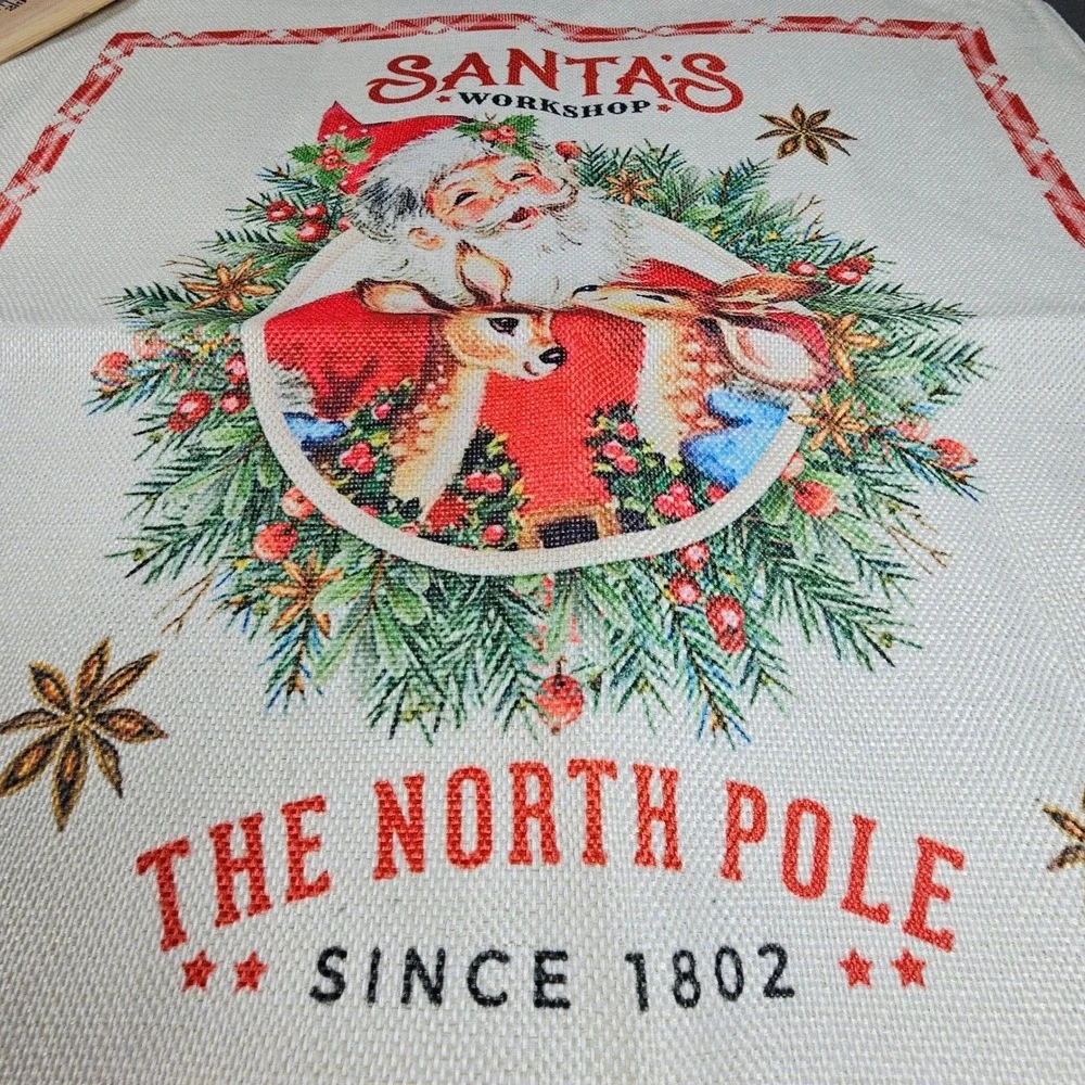 Santa's Workshop burlap Pillow Covers (2) The North Pole Christmas Holiday Decor
